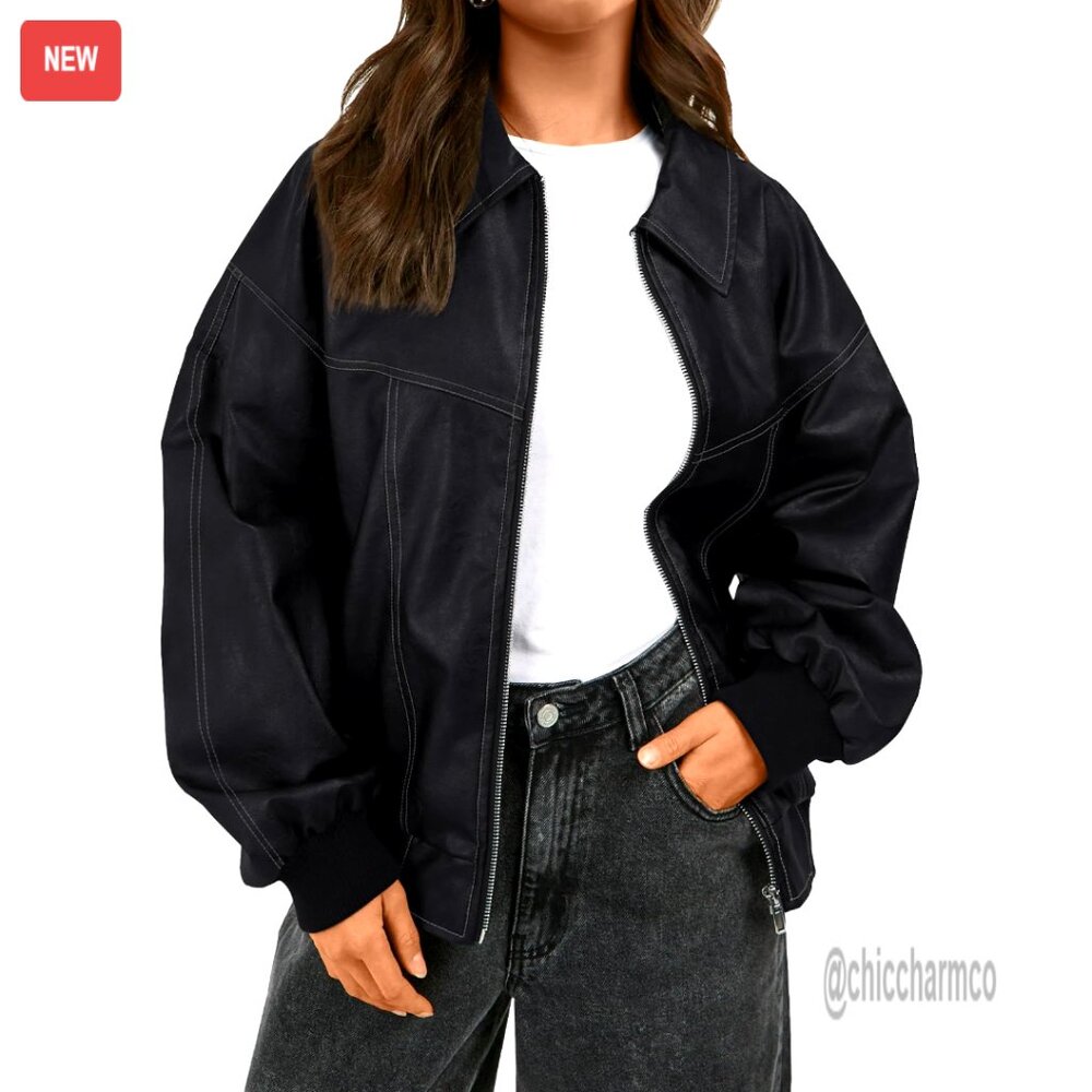 Oversized Leather Bomber Jacket Zip Up Motorcycle Style Y2k Fashion